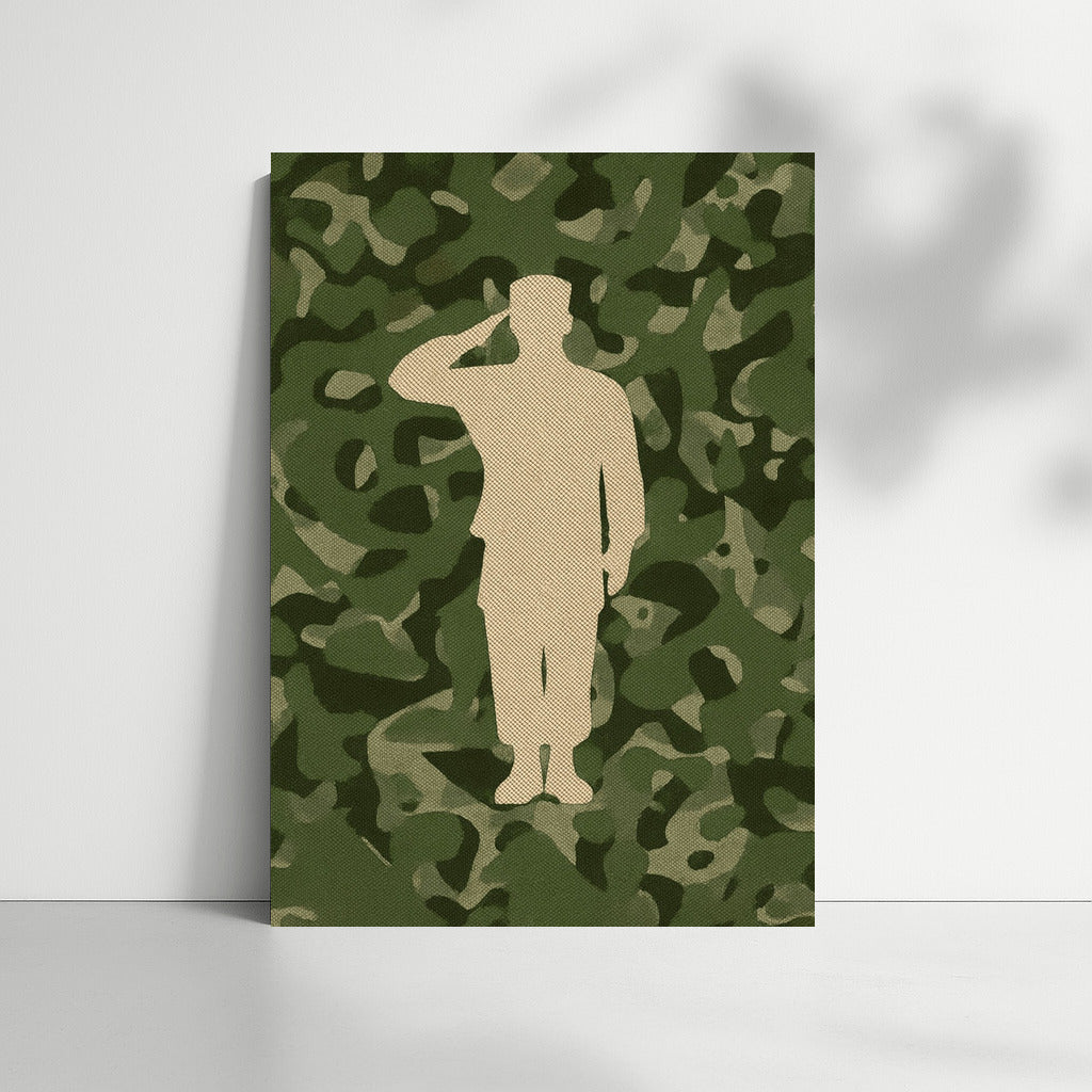Silhouette of a Saluting Veteran on a Camouflage Background
