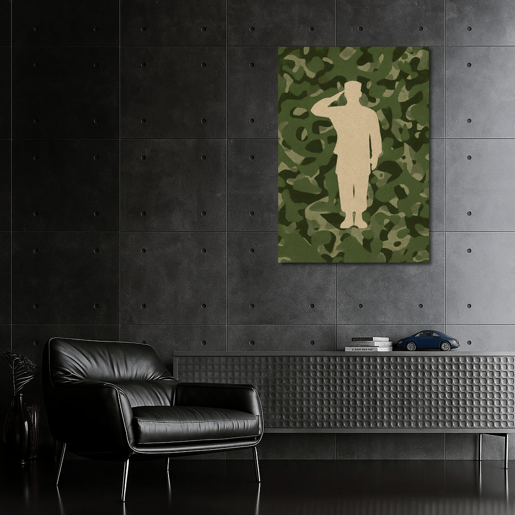 Silhouette of a Saluting Veteran on a Camouflage Background