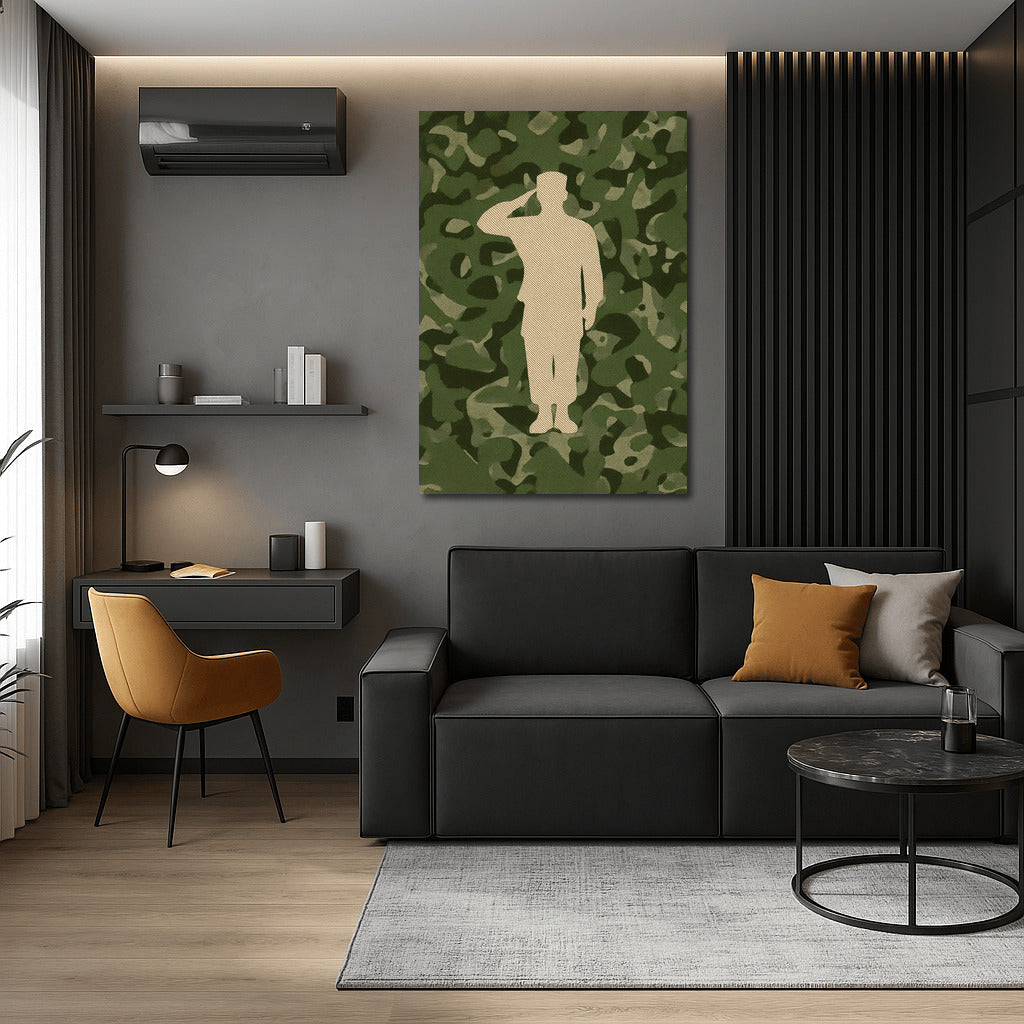 Silhouette of a Saluting Veteran on a Camouflage Background
