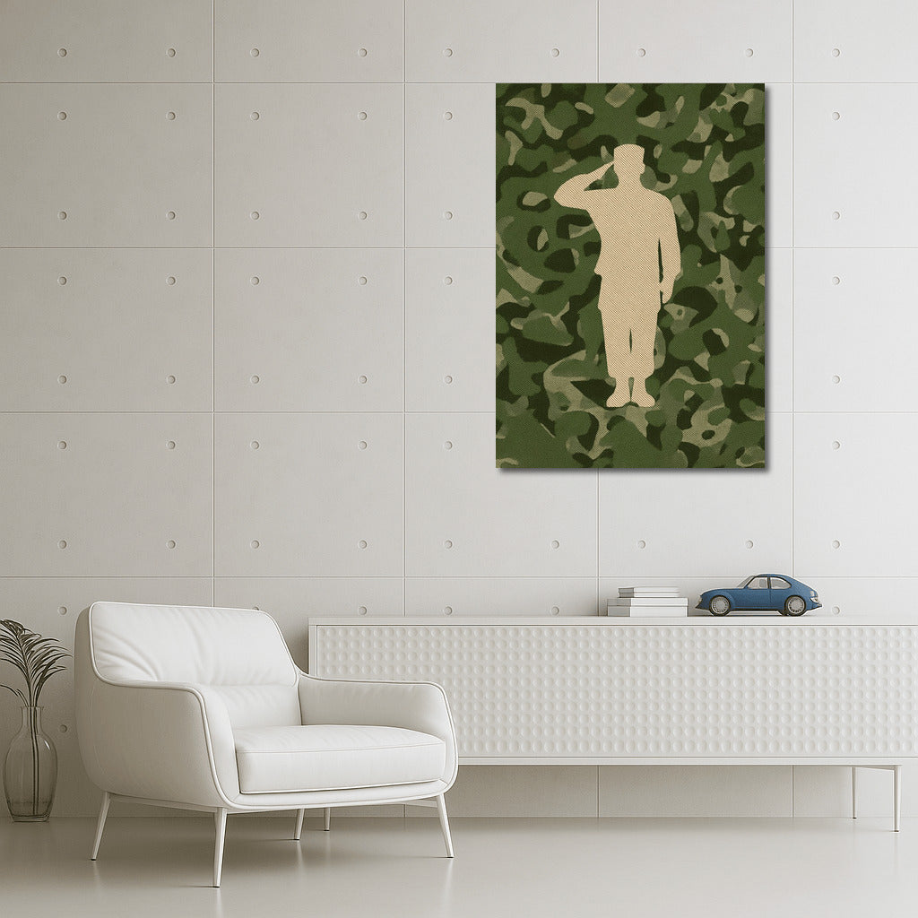 Silhouette of a Saluting Veteran on a Camouflage Background