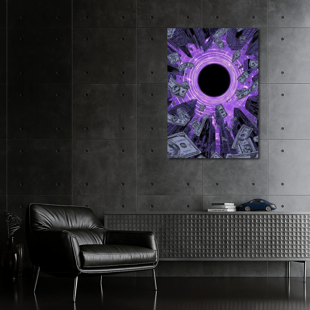 Cosmic Symphony of Money: Purple Horizons and Floating Banknotes