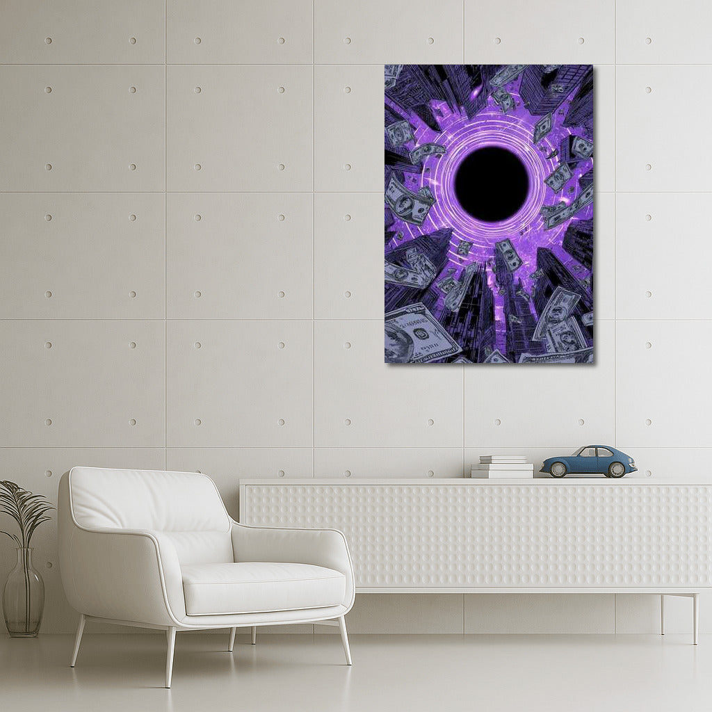 Cosmic Symphony of Money: Purple Horizons and Floating Banknotes