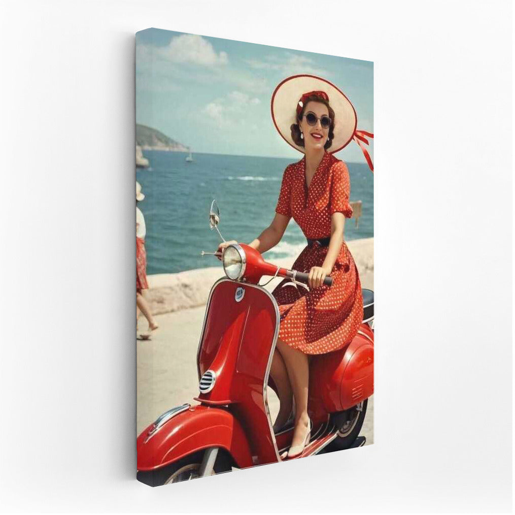 Elegant ride on a red Vespa by the sea: Sunny retro nostalgia of the 70s