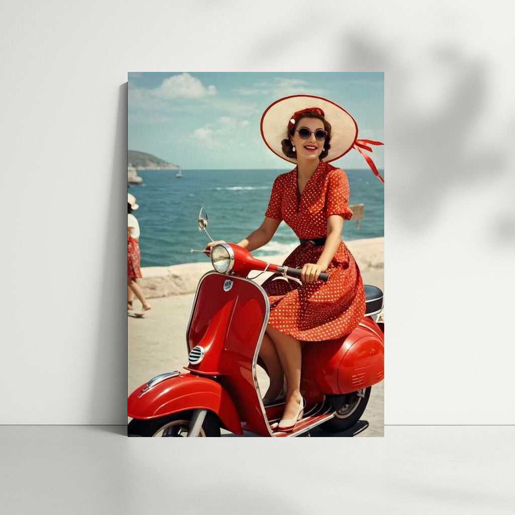 Elegant ride on a red Vespa by the sea: Sunny retro nostalgia of the 70s