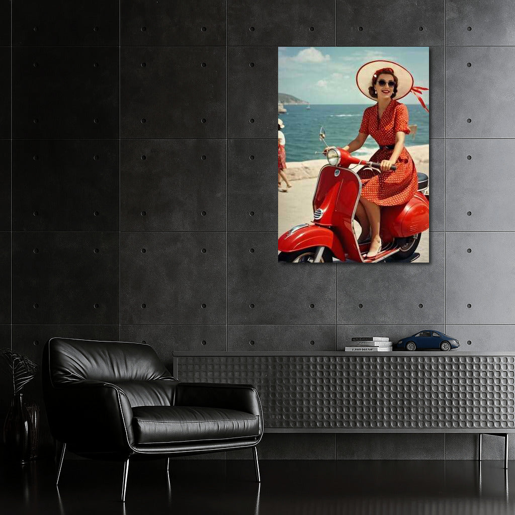 Elegant ride on a red Vespa by the sea: Sunny retro nostalgia of the 70s