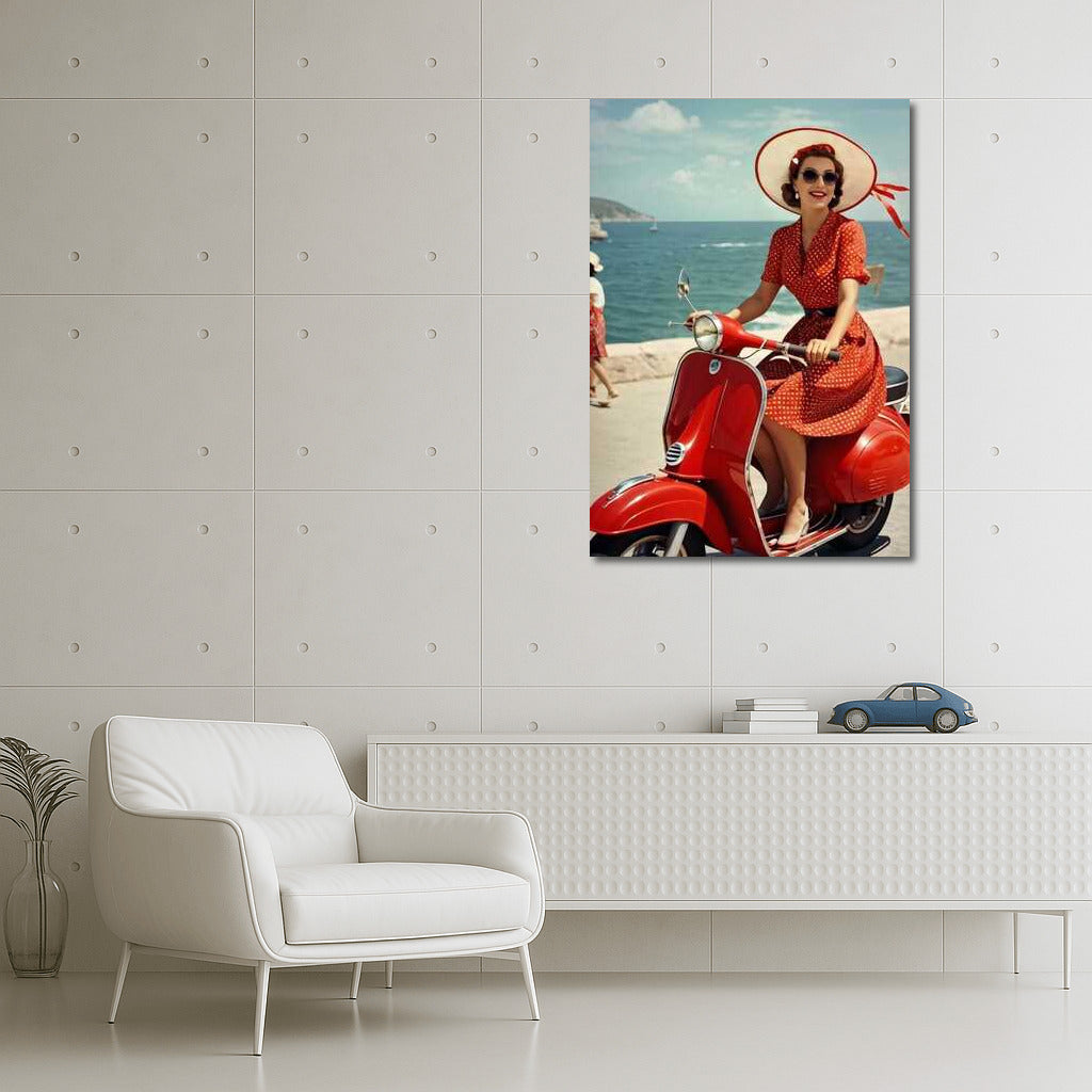 Elegant ride on a red Vespa by the sea: Sunny retro nostalgia of the 70s
