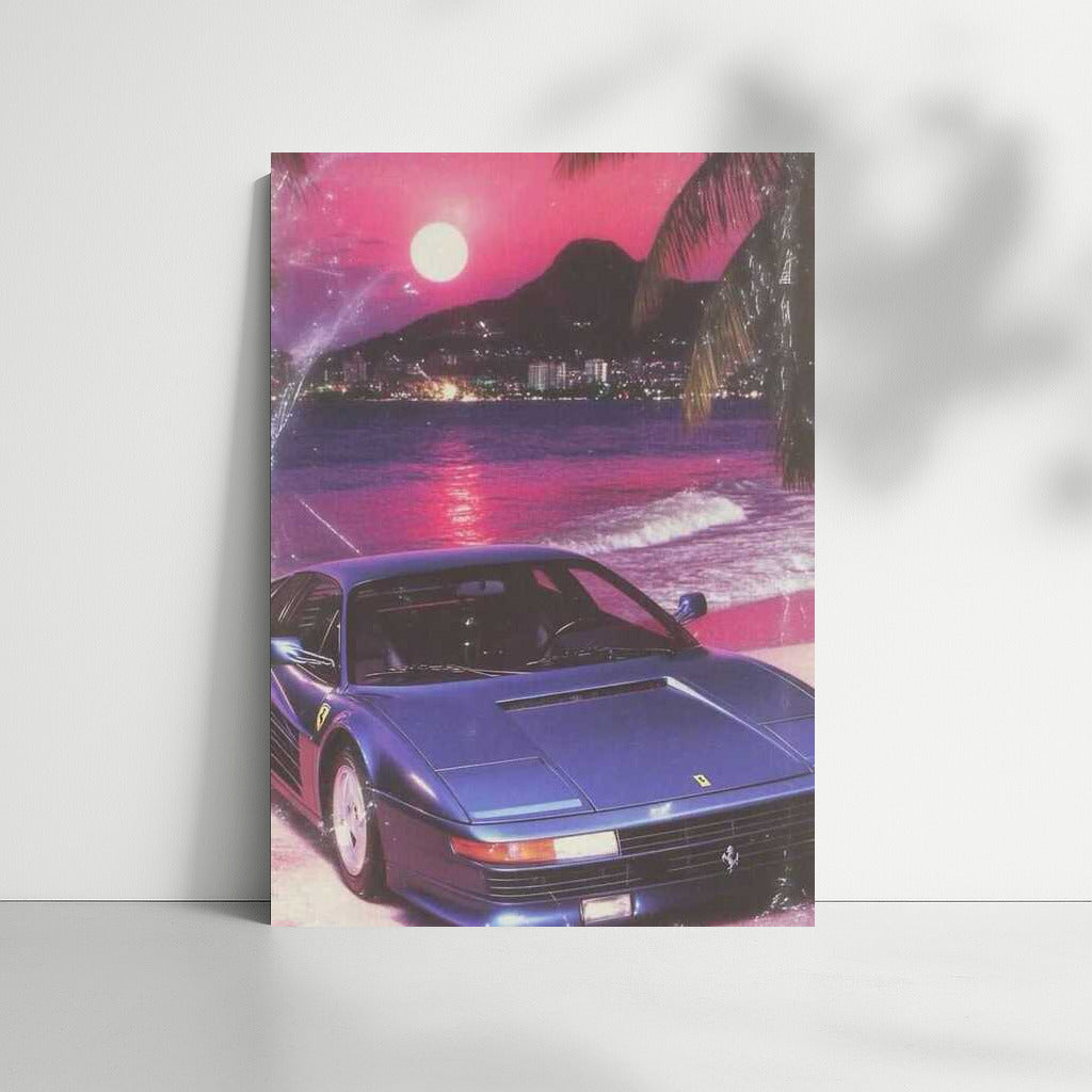 Retro Sunrise: Ferrari and Palms on a Pink Sunset