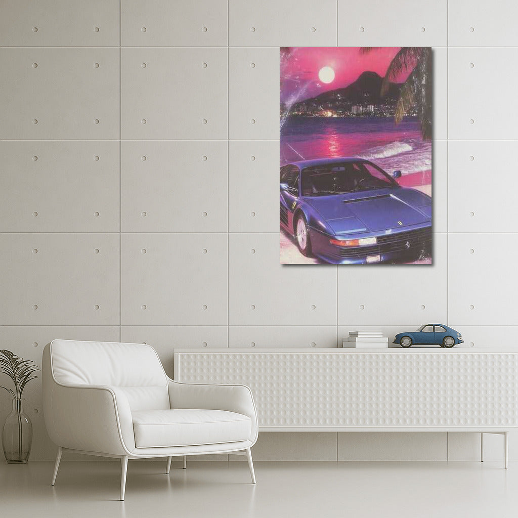 Retro Sunrise: Ferrari and Palms on a Pink Sunset