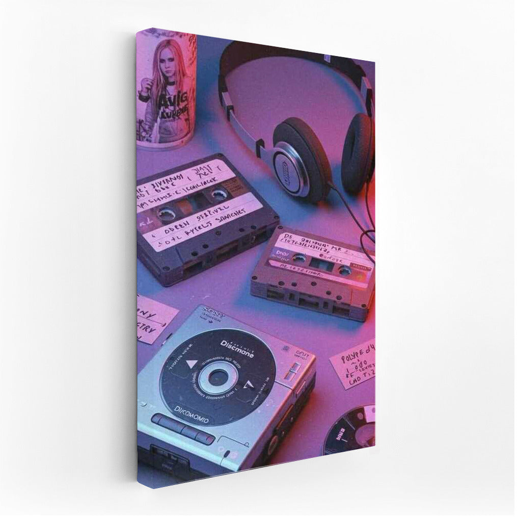 Neon Symphony: Cassettes and Discman in Retro 80s Style