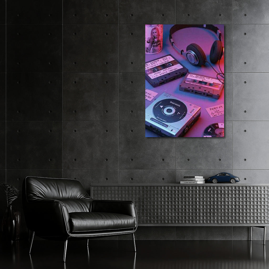 Neon Symphony: Cassettes and Discman in Retro 80s Style