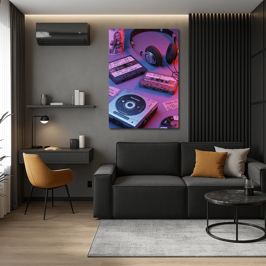 Neon Symphony: Cassettes and Discman in Retro 80s Style