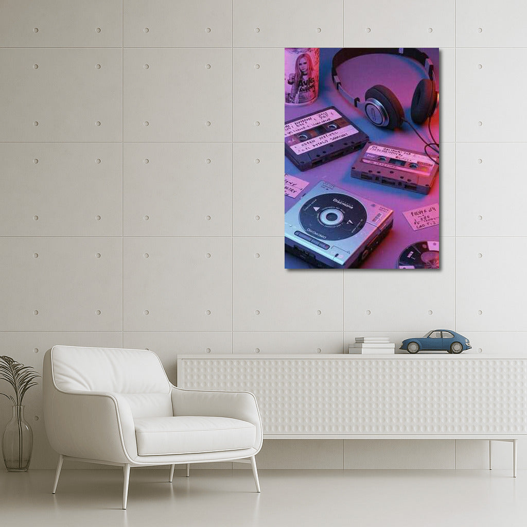 Neon Symphony: Cassettes and Discman in Retro 80s Style