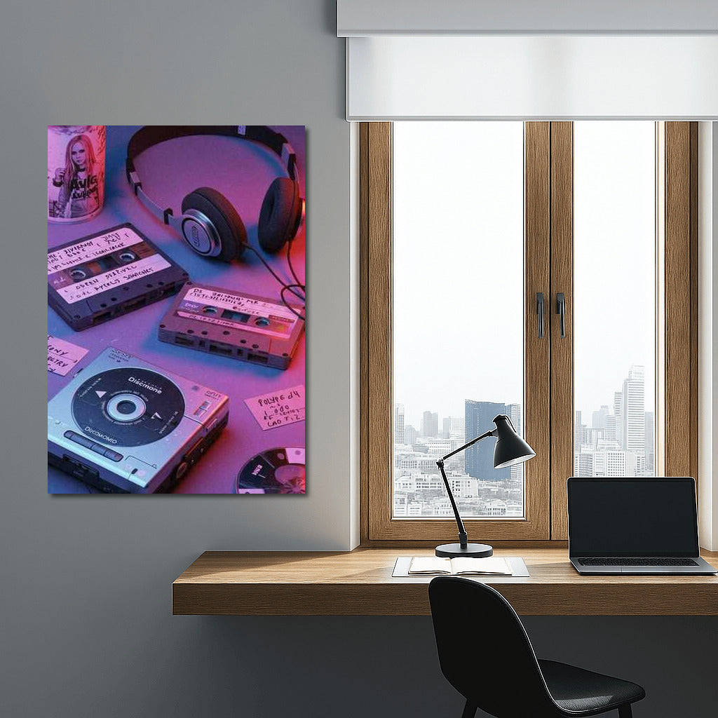 Neon Symphony: Cassettes and Discman in Retro 80s Style