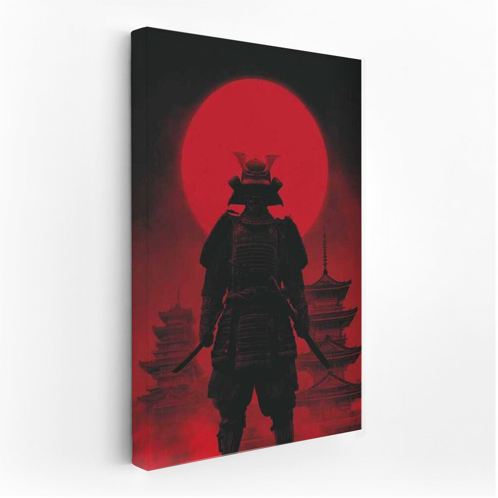 Samurai Silhouette on Red Moon and Pagodas Background