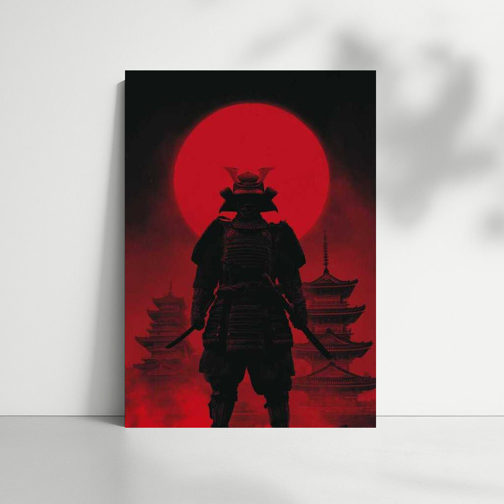 Samurai Silhouette on Red Moon and Pagodas Background