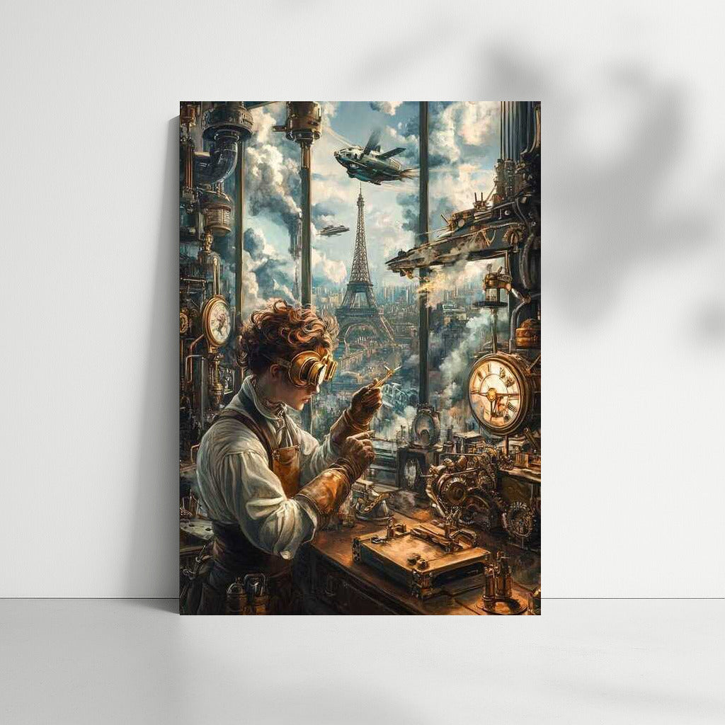 Steampunk engineer in front of the Eiffel Tower of the future