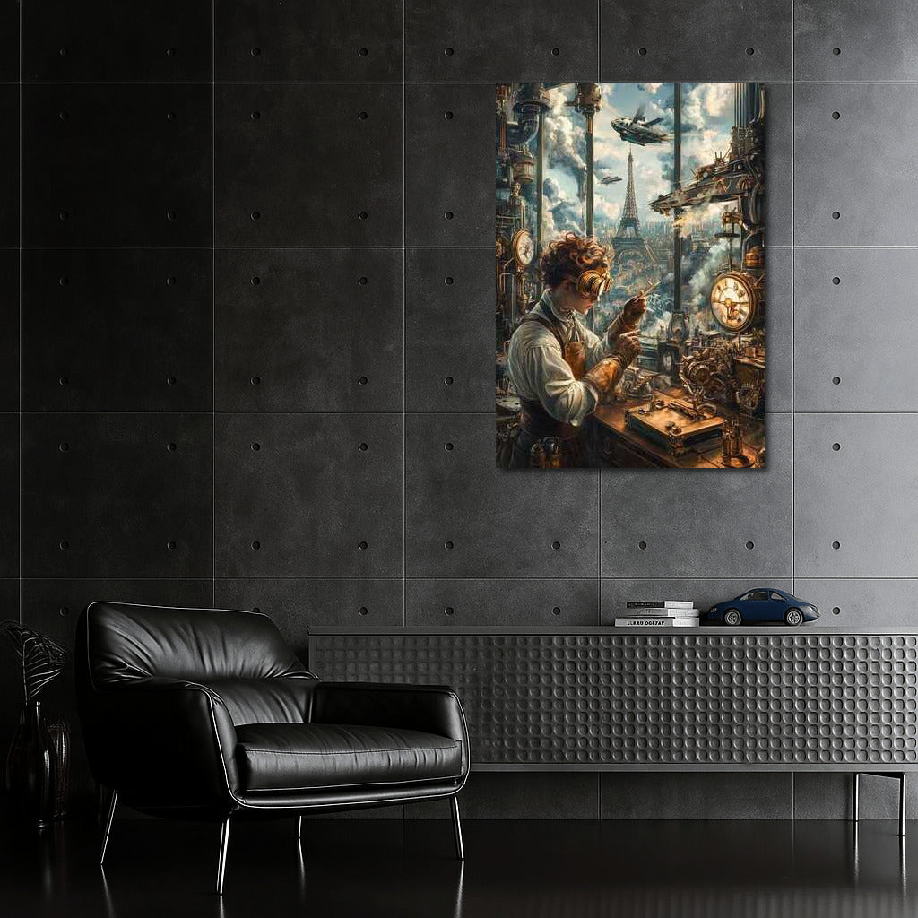 Steampunk engineer in front of the Eiffel Tower of the future