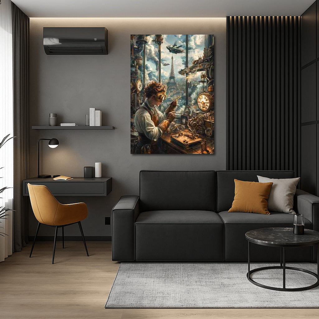 Steampunk engineer in front of the Eiffel Tower of the future