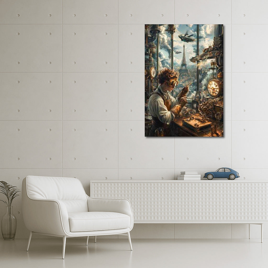 Steampunk engineer in front of the Eiffel Tower of the future