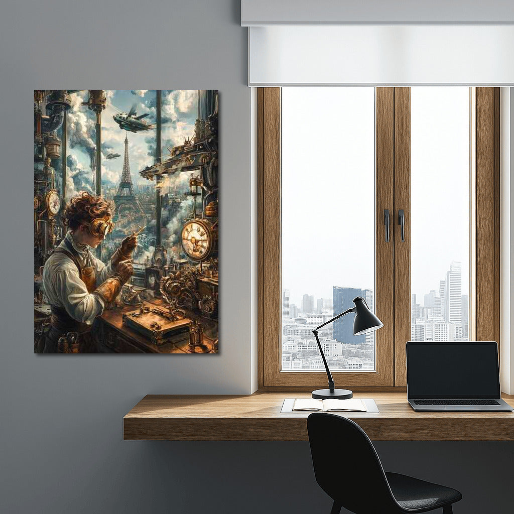 Steampunk engineer in front of the Eiffel Tower of the future