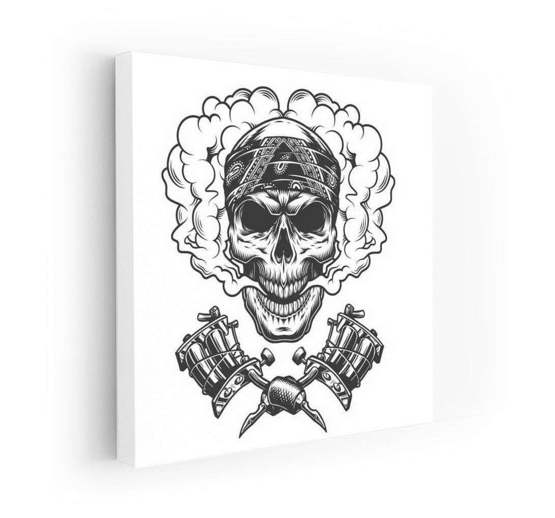 Skull in Bandana with Tattoo Machines: Rebellious Tattoo Masterpiece