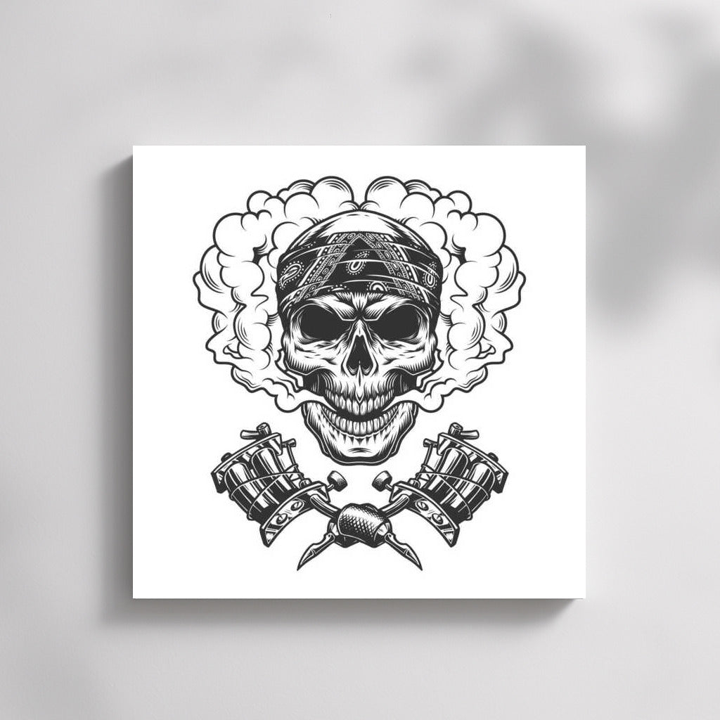 Skull in Bandana with Tattoo Machines: Rebellious Tattoo Masterpiece