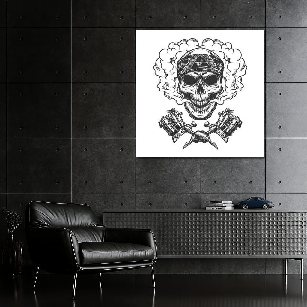 Skull in Bandana with Tattoo Machines: Rebellious Tattoo Masterpiece