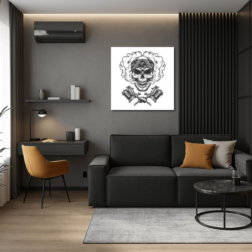 Skull in Bandana with Tattoo Machines: Rebellious Tattoo Masterpiece