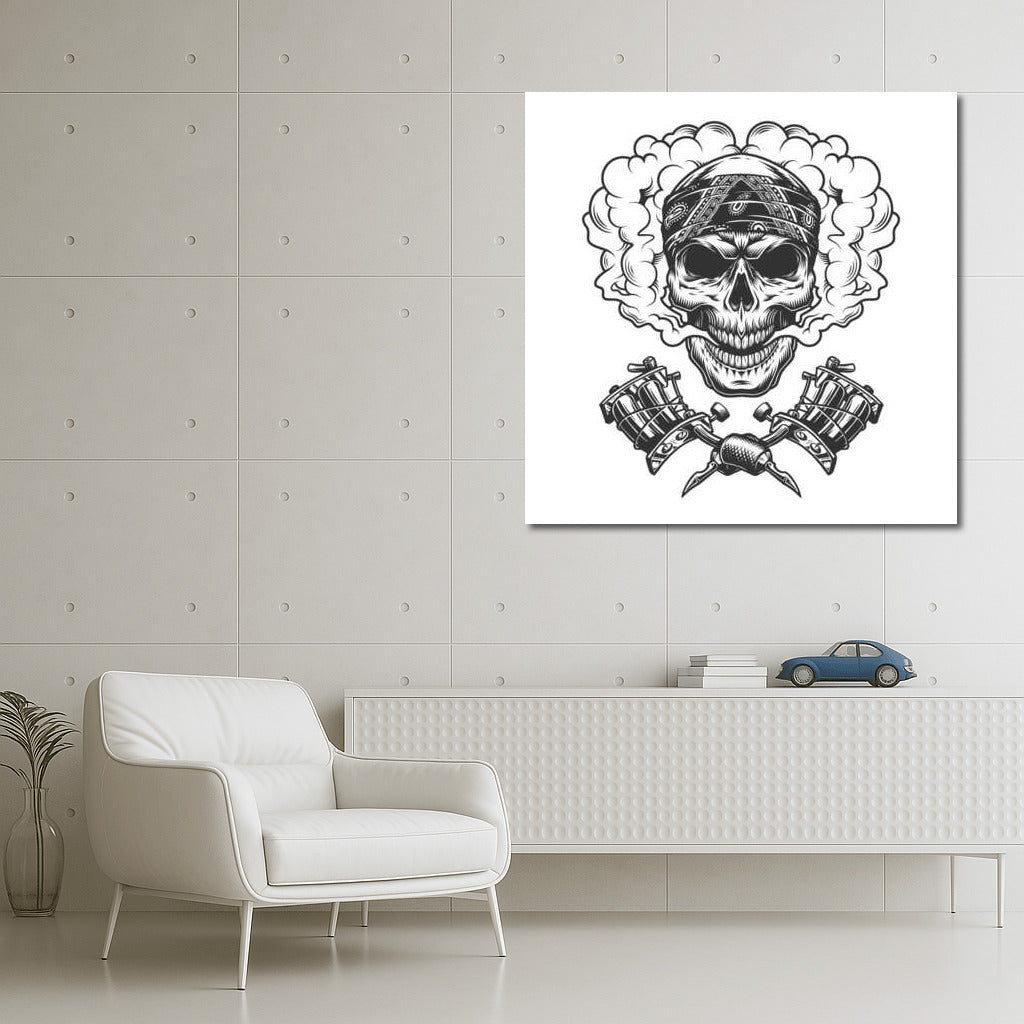 Skull in Bandana with Tattoo Machines: Rebellious Tattoo Masterpiece