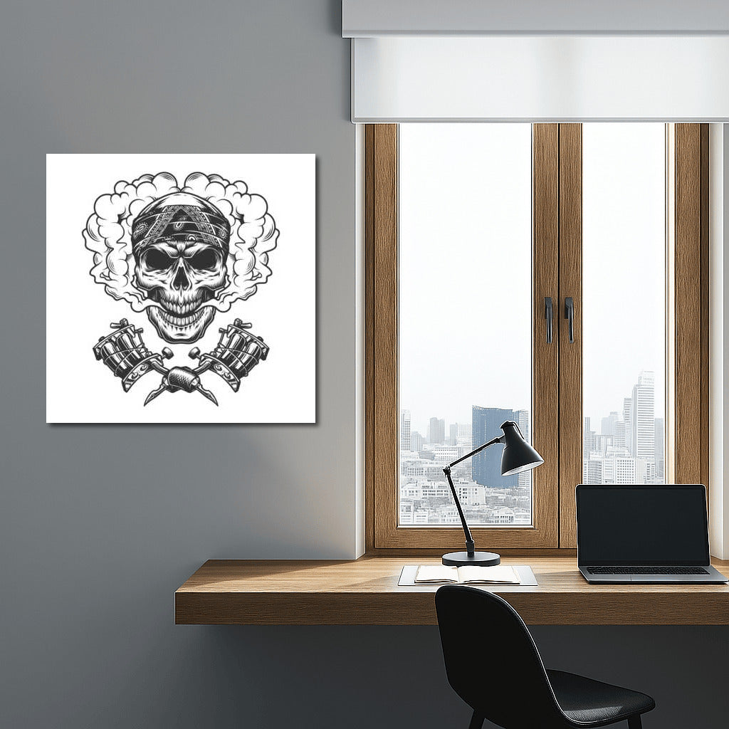 Skull in Bandana with Tattoo Machines: Rebellious Tattoo Masterpiece