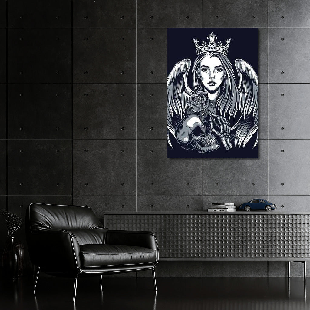 Winged Queen and Skull: Tattoo Symphony of Courage