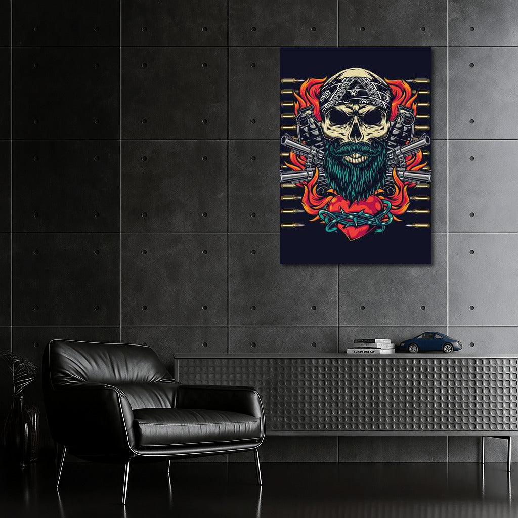 Rebel Skull: Tattoo Style with Pistols and Flaming Heart
