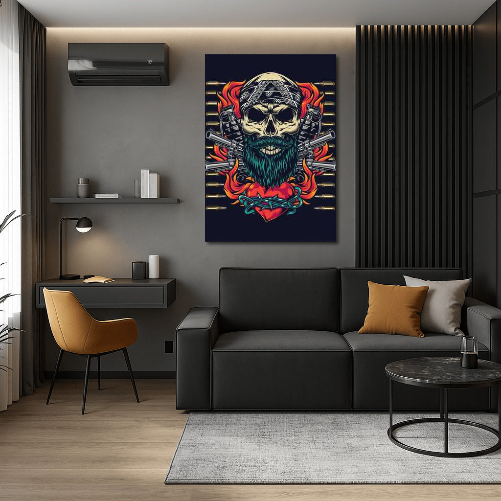 Rebel Skull: Tattoo Style with Pistols and Flaming Heart