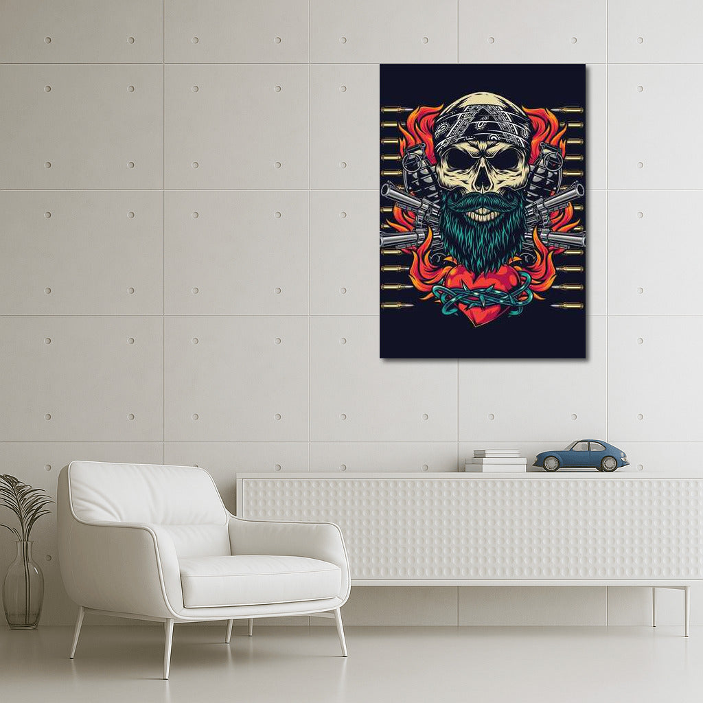 Rebel Skull: Tattoo Style with Pistols and Flaming Heart