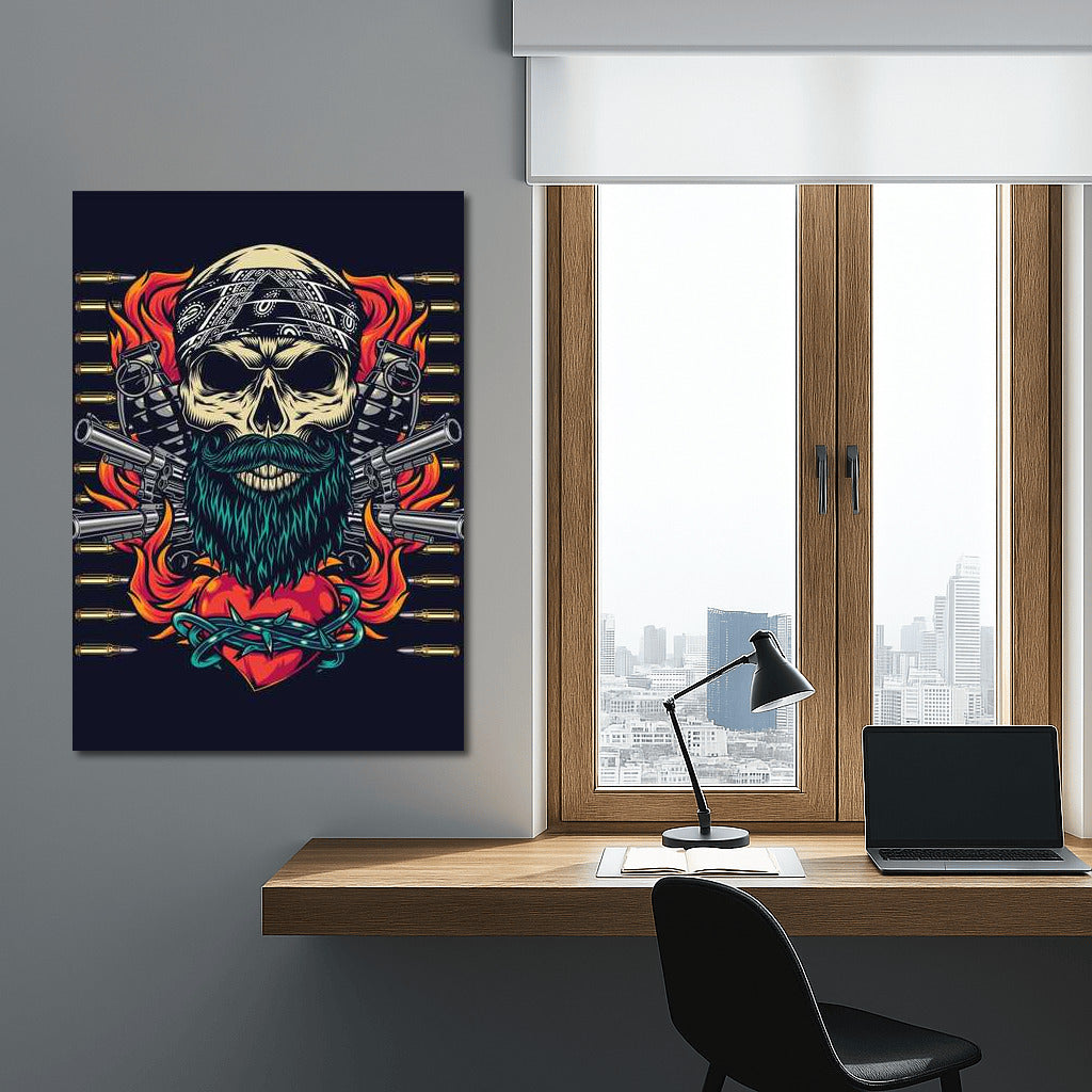 Rebel Skull: Tattoo Style with Pistols and Flaming Heart