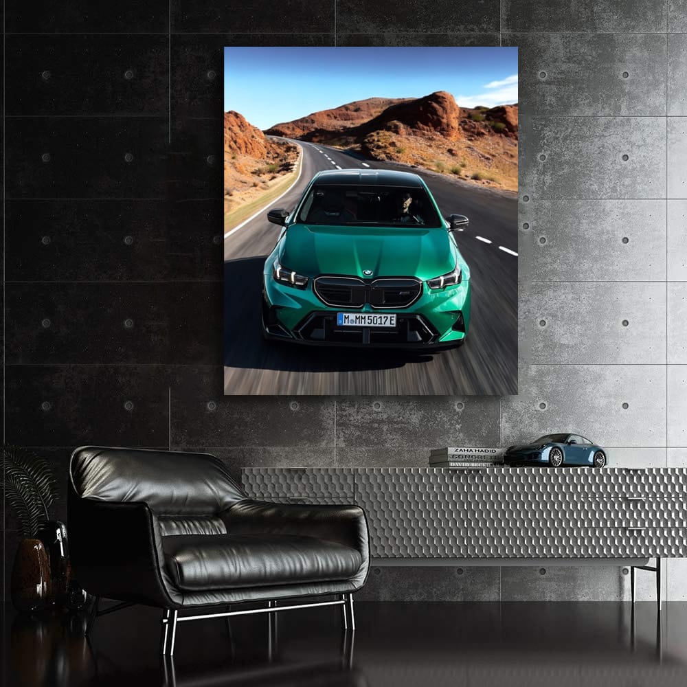 BMW M5 G90 Sedan in Green Cruising on Road - Power and Style