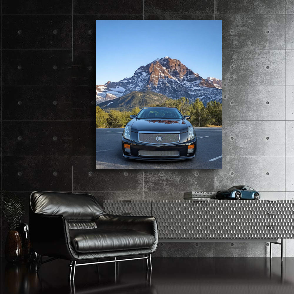 Black Cadillac in Snowy Mountains - Power and Elegance