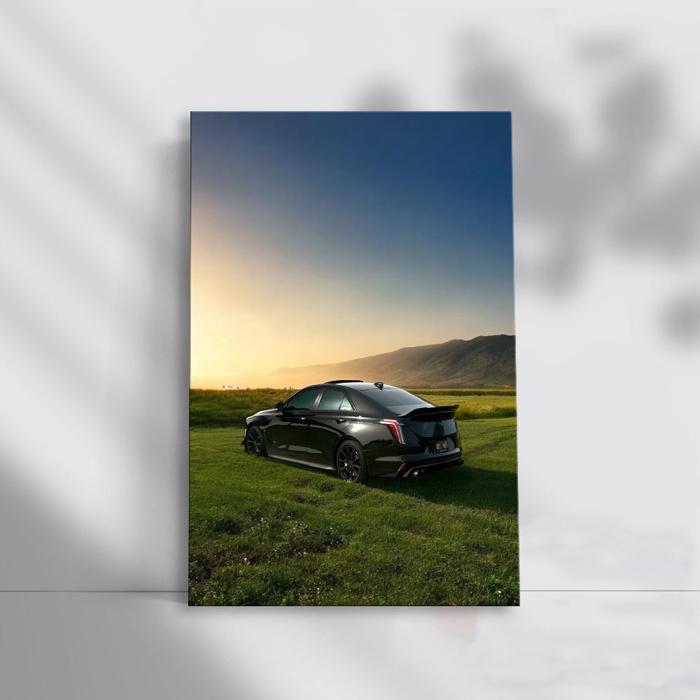 Sleek Black Cadillac in Field - Timeless Elegance