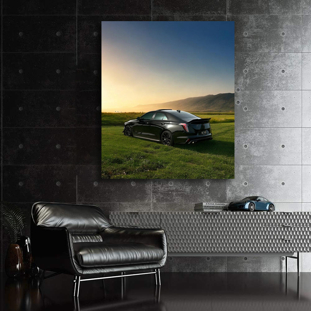 Sleek Black Cadillac in Field - Timeless Elegance