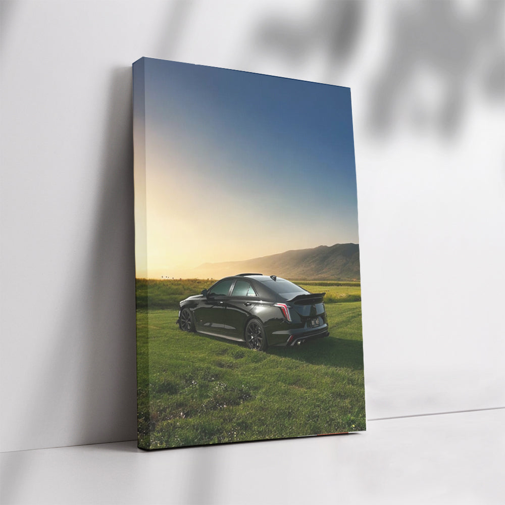 Sleek Black Cadillac in Field - Timeless Elegance
