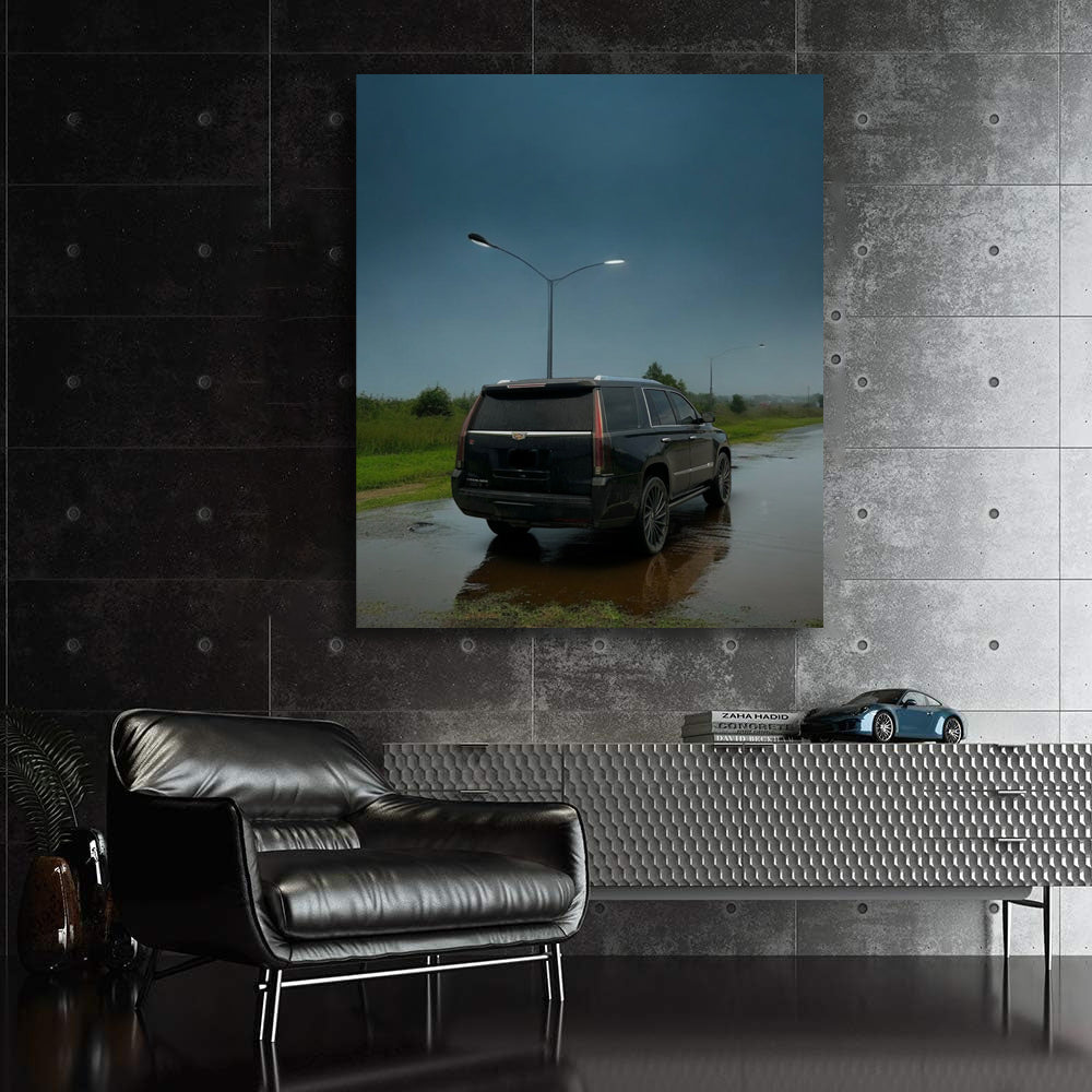 Black Cadillac in Rain - Sleek and Powerful Ride