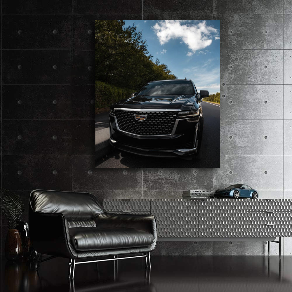 Sleek Black Cadillac Cruising Road - Elegance in Motion