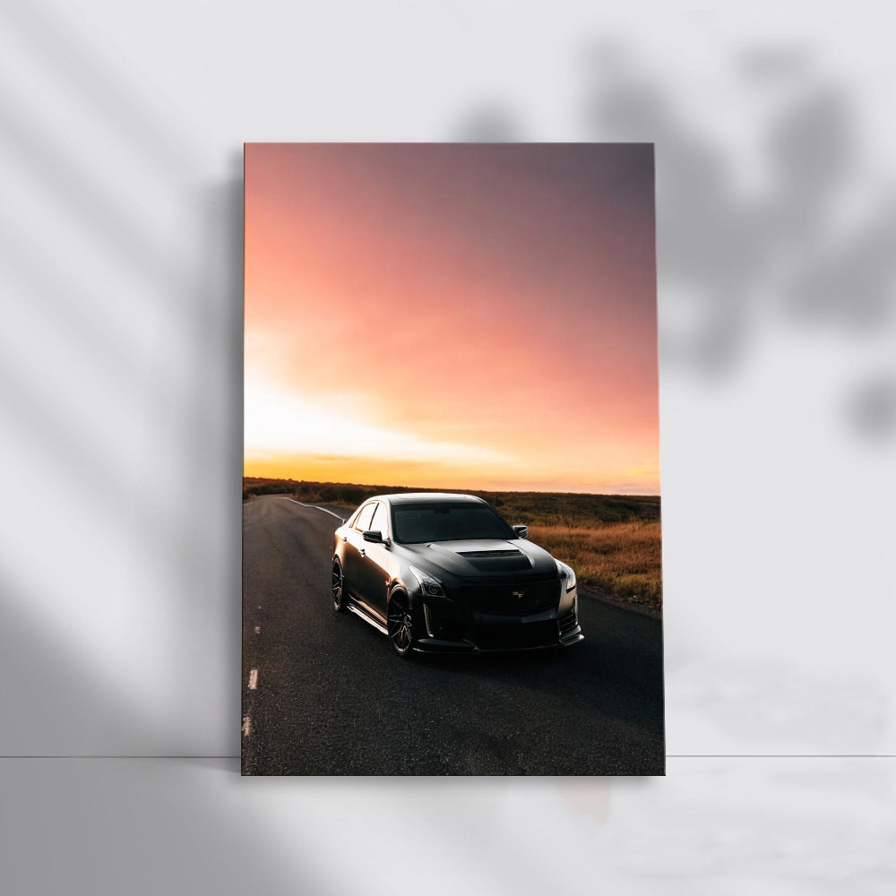 Black Cadillac Cruising at Sunset - Classic Elegance