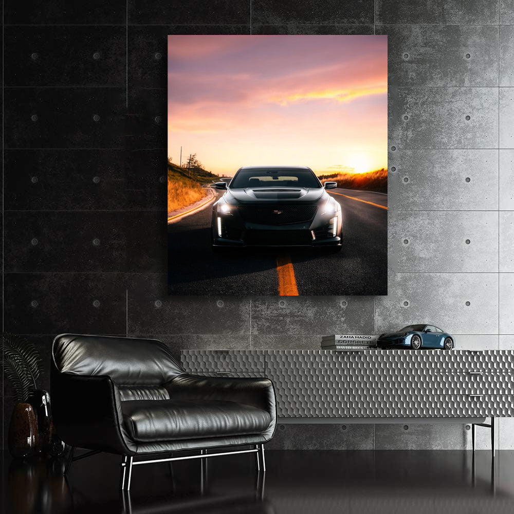 Black Cadillac at Sunset - Elegance on Move