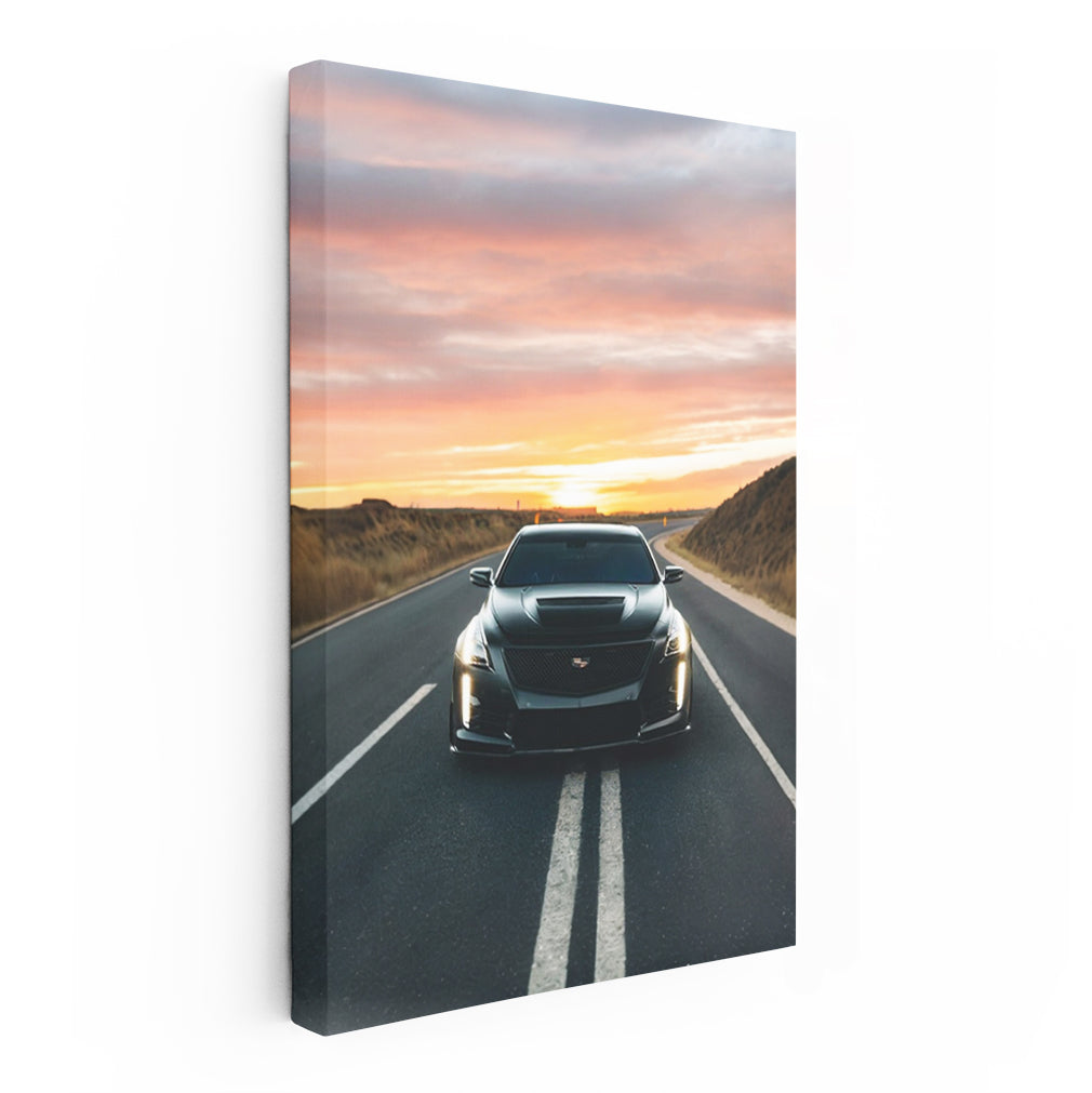 Cadillac Black at Sunset - Sleek Elegance on Road