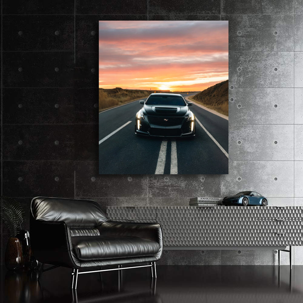 Cadillac Black at Sunset - Sleek Elegance on Road