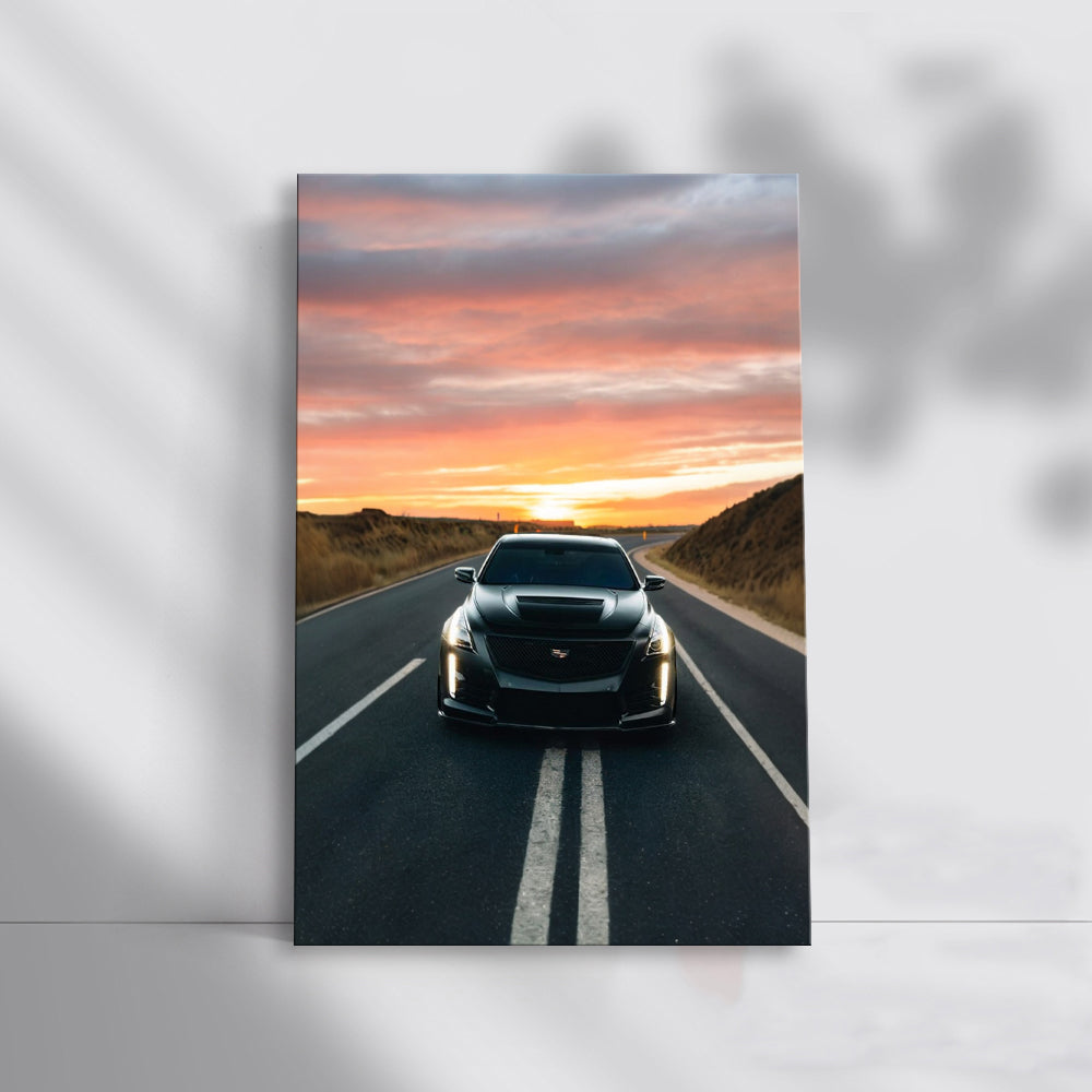 Cadillac Black at Sunset - Sleek Elegance on Road