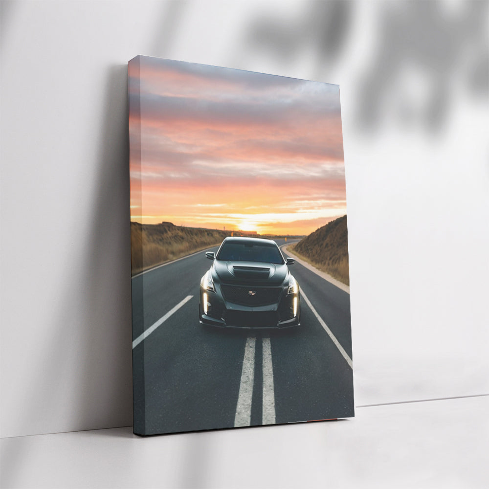 Cadillac Black at Sunset - Sleek Elegance on Road