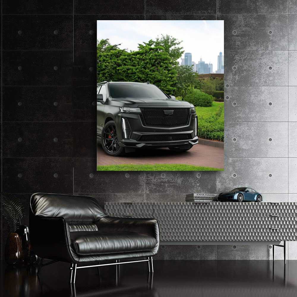 Black Cadillac Overlooking Cityscape - Elegance in Motion