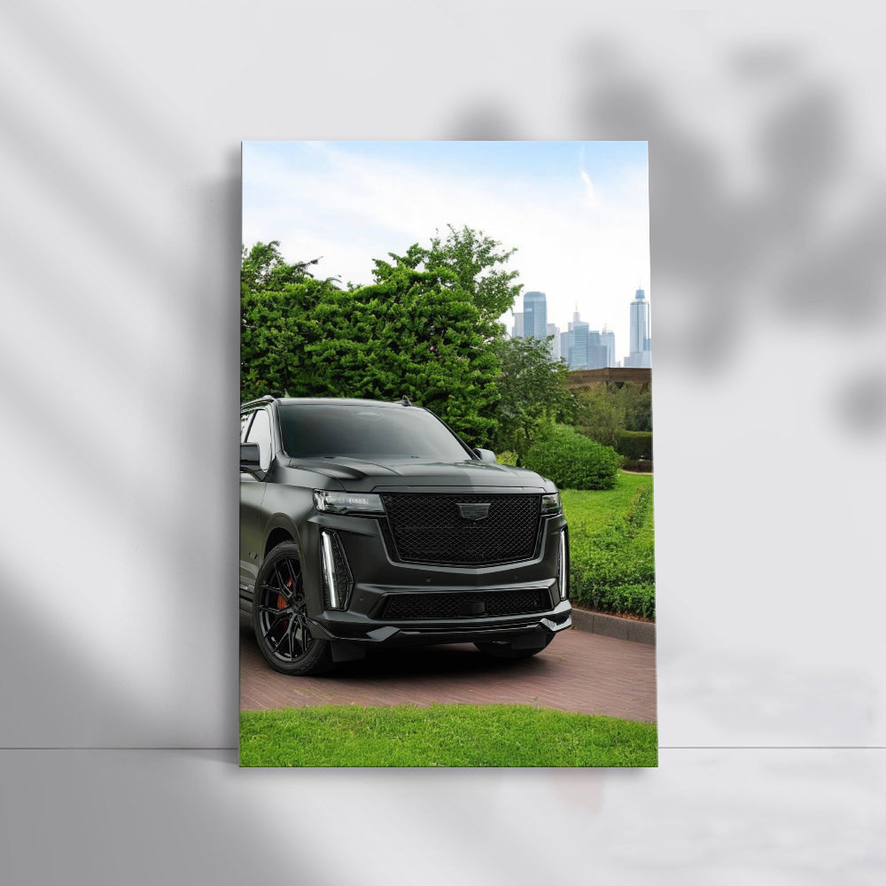 Black Cadillac Overlooking Cityscape - Elegance in Motion